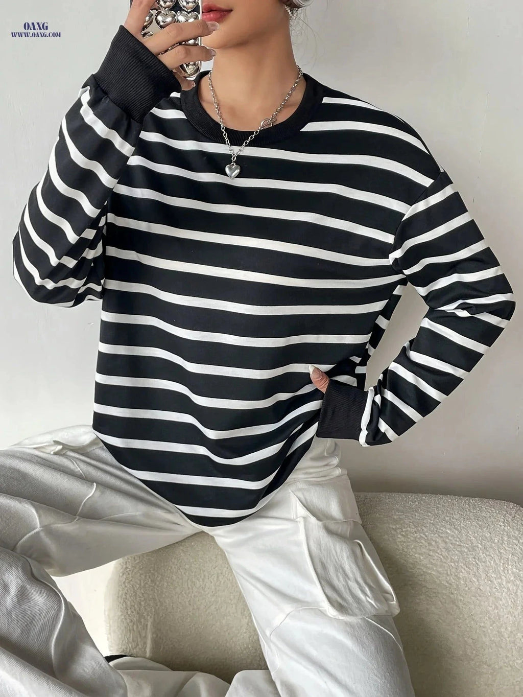 OAXG Women's Striped Sweatshirt - Elegant Crew Neck, Long Sleeve Fit   OAXG Black And White Color / S