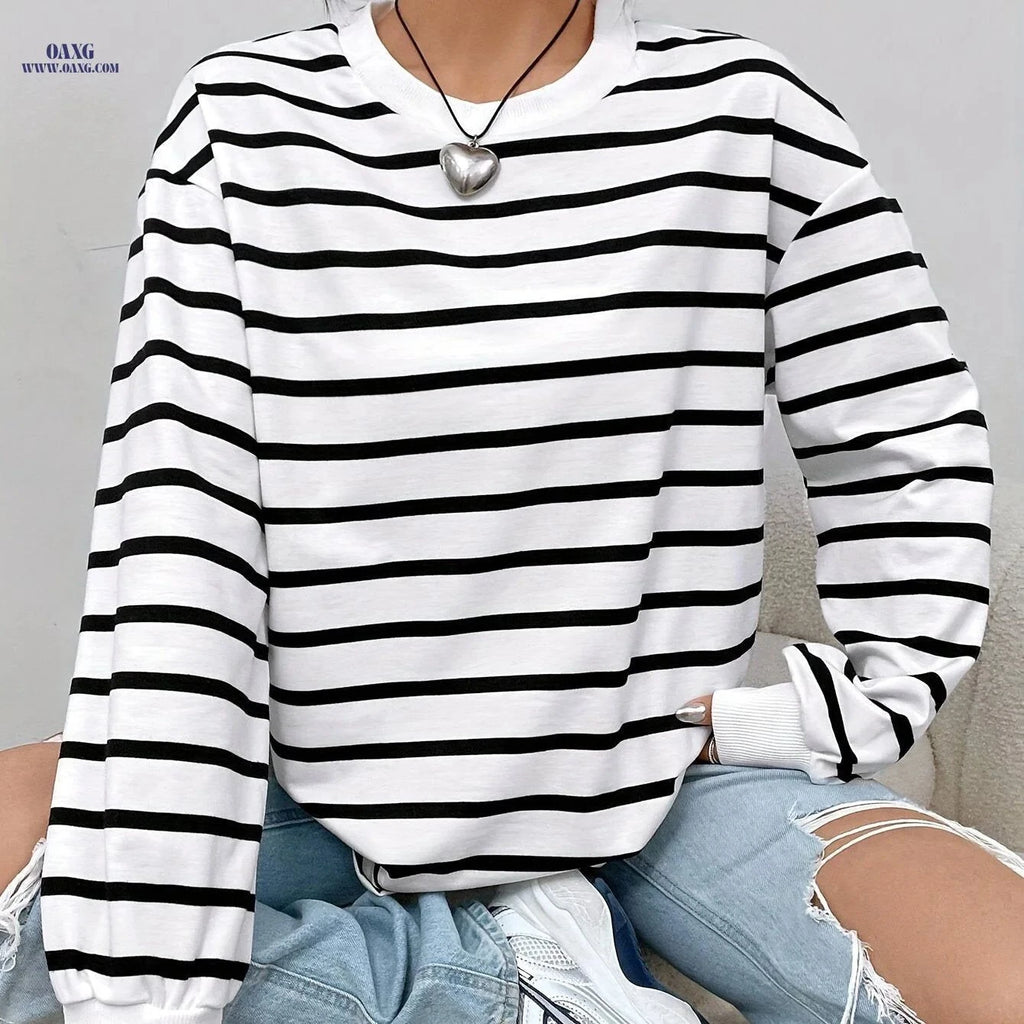OAXG Women's Striped Sweatshirt - Long Sleeve Crew Neck, Loose Fit   OAXG Black And White Color / S