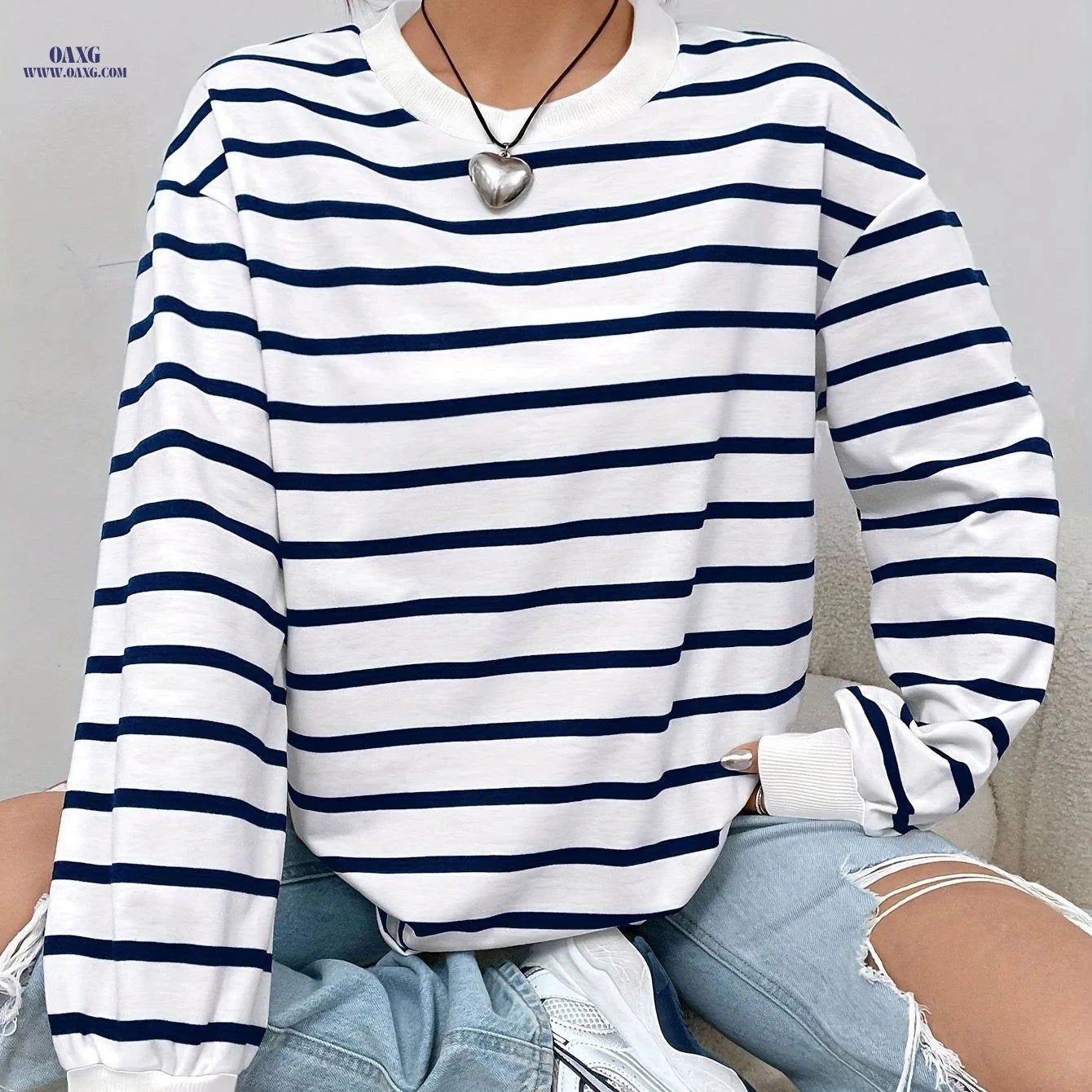 OAXG Women's Striped Sweatshirt - Long Sleeve Crew Neck, Loose Fit   OAXG Black And White Color / S