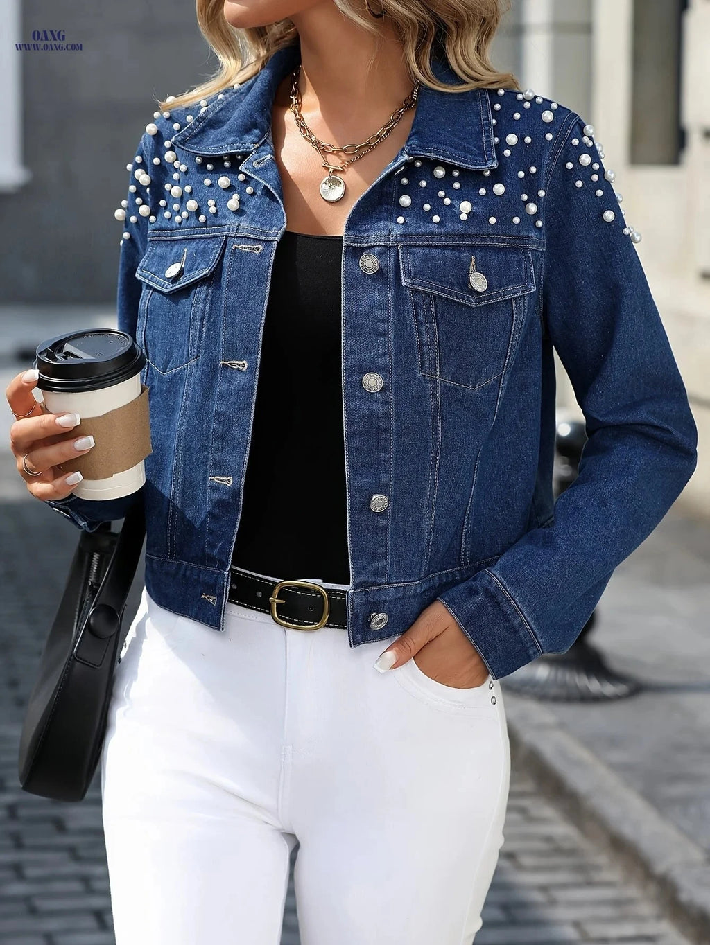 OAXG Women's Studded Denim Jacket - Elegant Spring/Fall Fashion   OAXG 