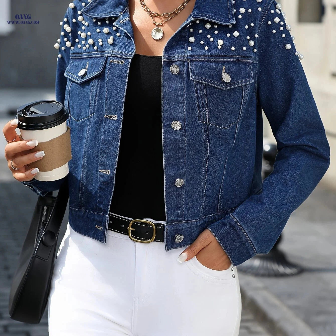 OAXG Women's Studded Denim Jacket - Elegant Spring/Fall Fashion   OAXG 