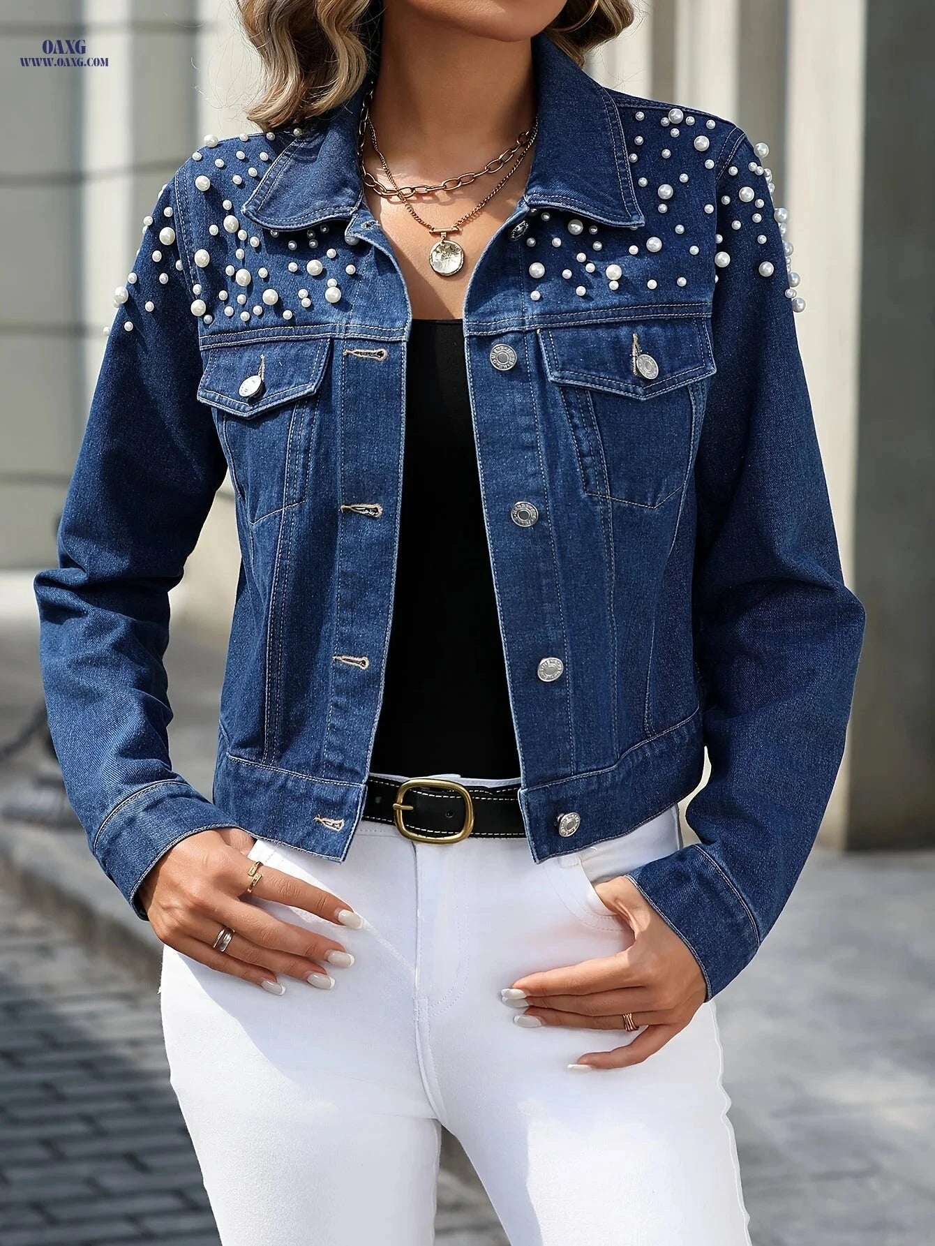 OAXG Women's Studded Denim Jacket - Elegant Spring/Fall Fashion   OAXG 