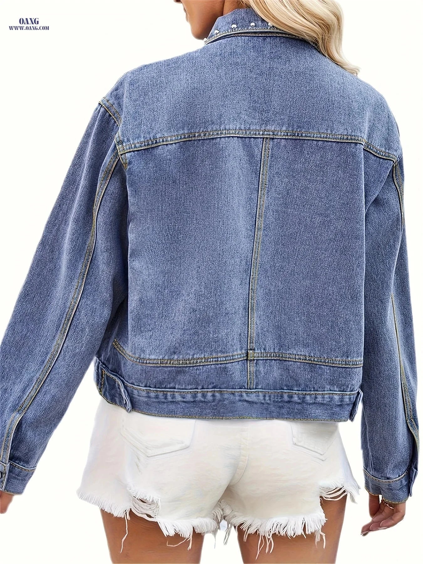 OAXG Women's Studded Denim Jacket - Vintage Short Style for Spring   OAXG 