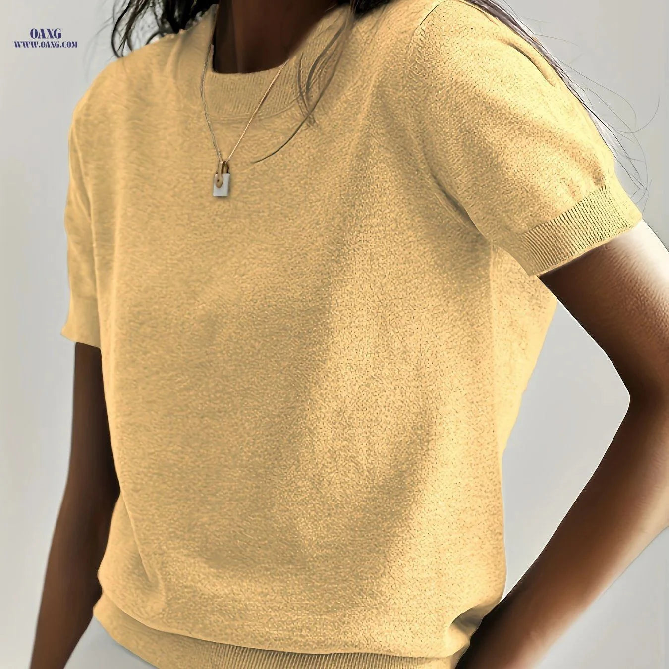 OAXG Women's Summer Short Sleeve Sweater - Solid Color & Casual Style   OAXG Yellow / S