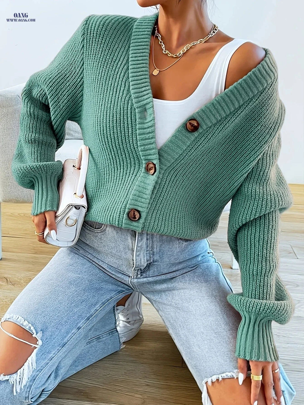 OAXG Women's V-Neck Button Cardigan - Casual Fall/Winter Wear   OAXG Army Green / S