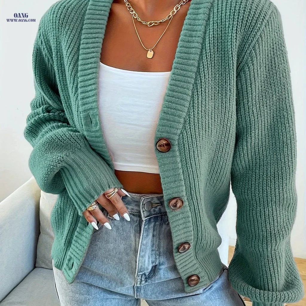 OAXG Women's V-Neck Button Cardigan - Casual Fall/Winter Wear   OAXG Army Green / S