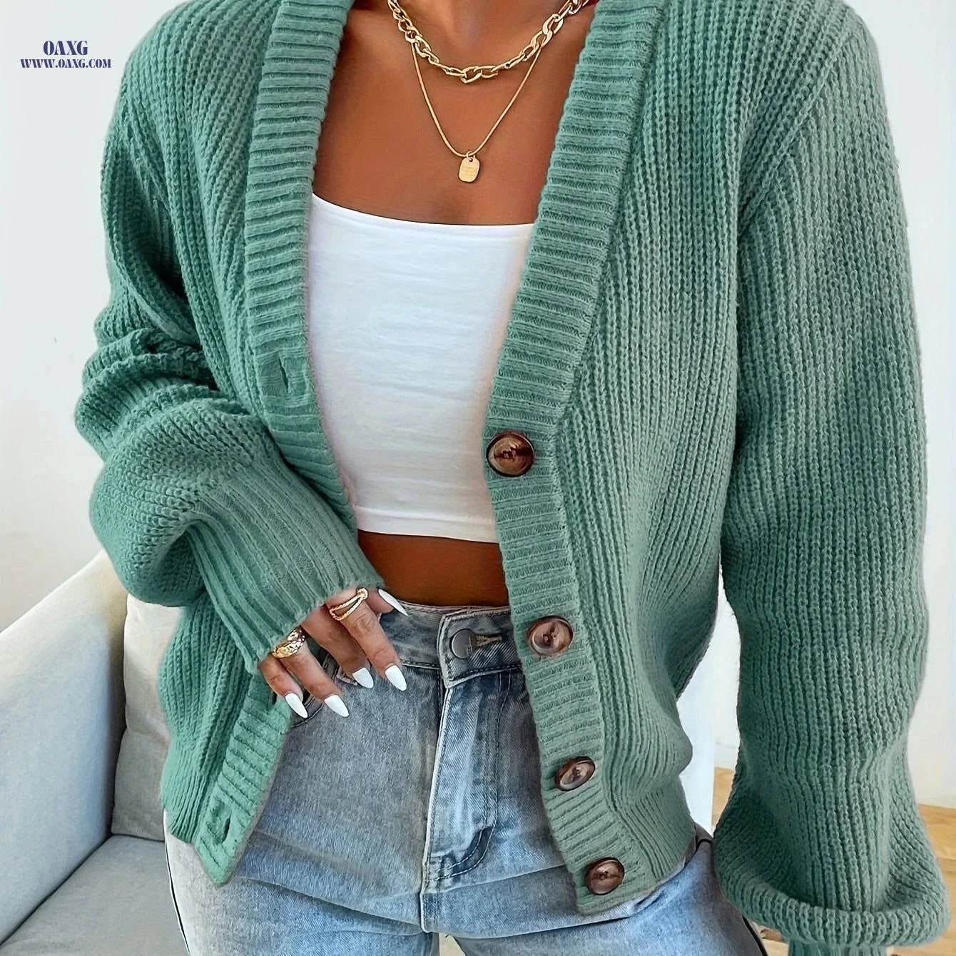 OAXG Women's V-Neck Button Cardigan - Casual Fall/Winter Wear   OAXG Army Green / S