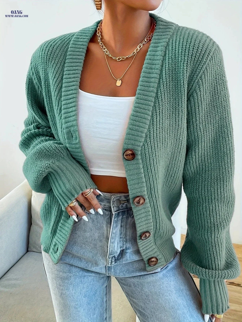OAXG Women's V-Neck Button Cardigan - Casual Fall/Winter Wear   OAXG Army Green / S