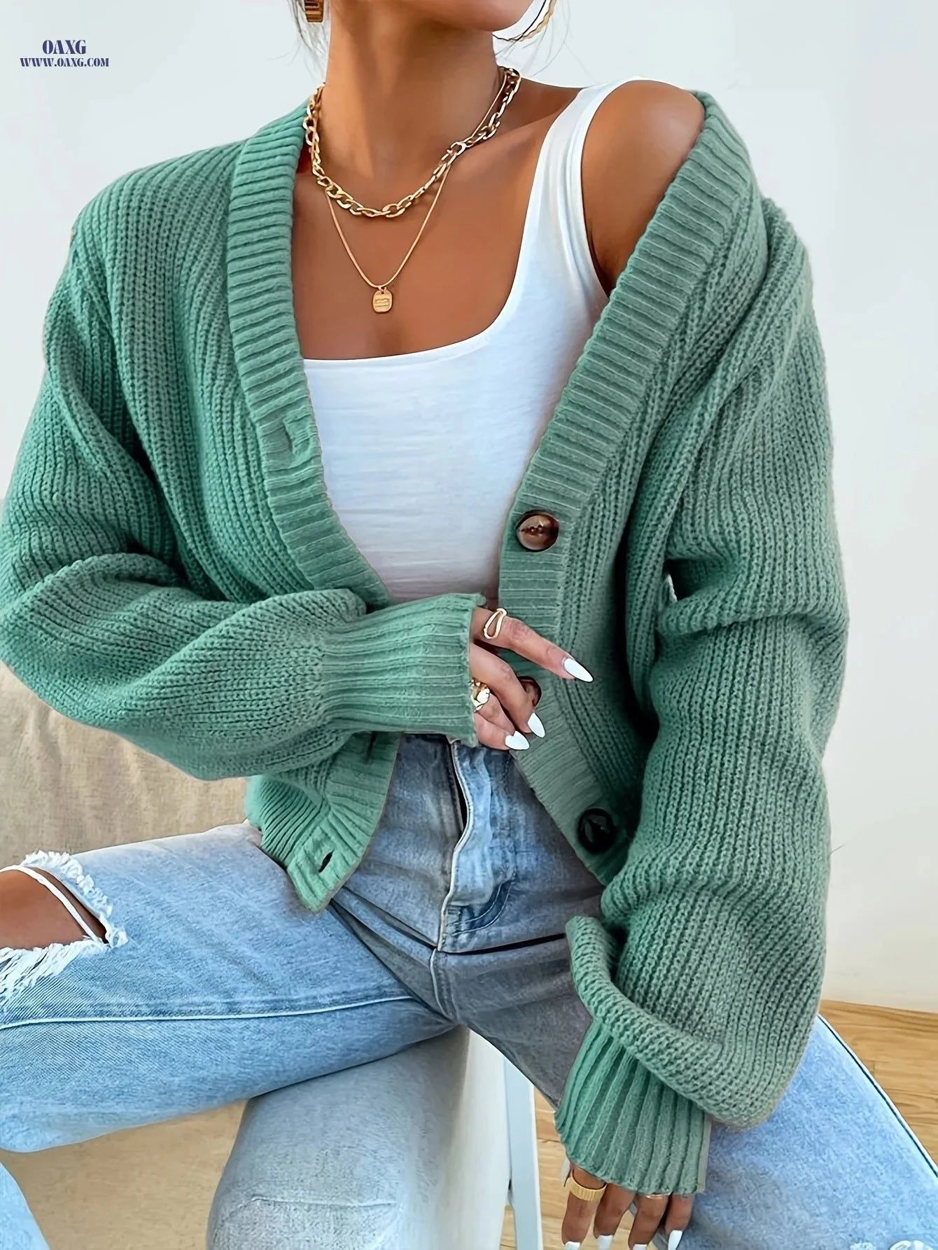 OAXG Women's V-Neck Button Cardigan - Casual Fall/Winter Wear   OAXG Army Green / S