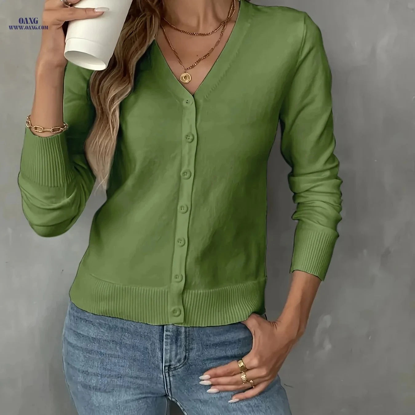 OAXG Women's V-Neck Button-Up Cardigan - Solid Color Casual Style   OAXG Black / XS