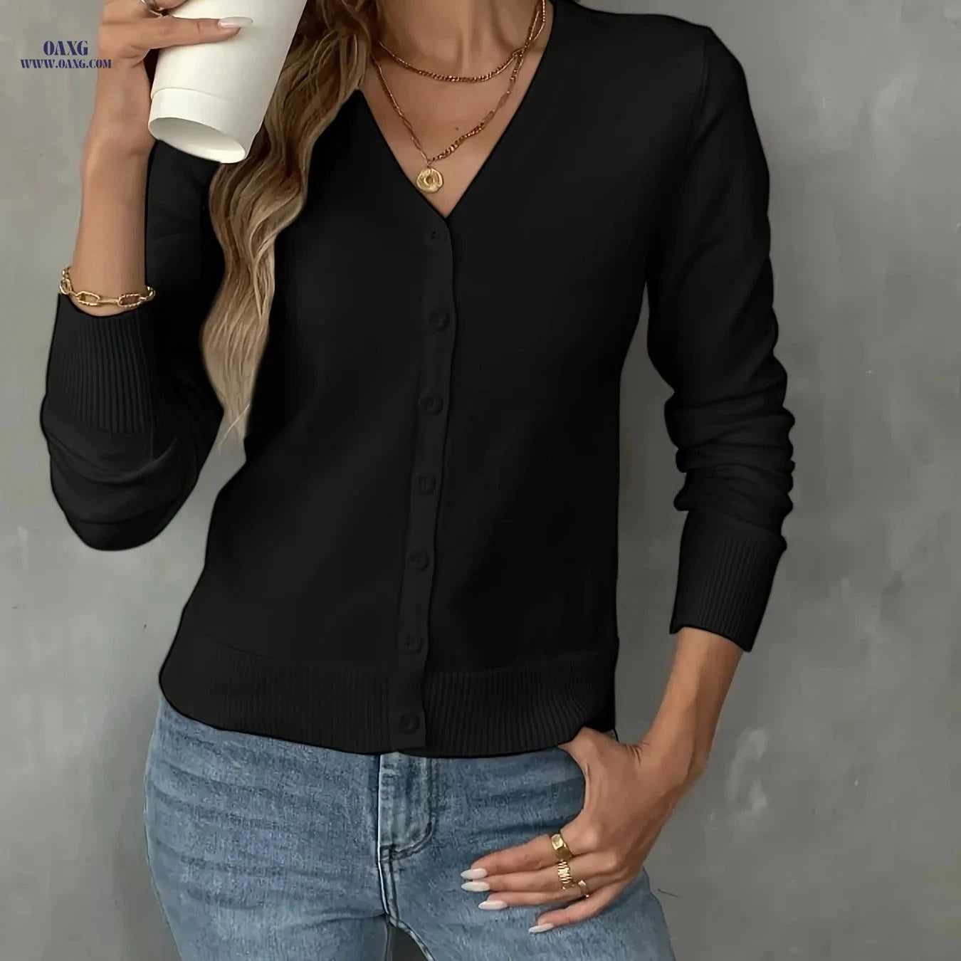 OAXG Women's V-Neck Button-Up Cardigan - Solid Color Casual Style   OAXG Black / XS