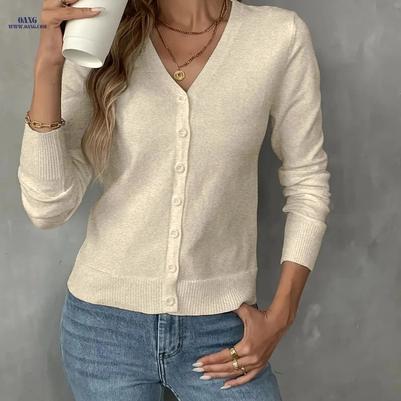 OAXG Women's V-Neck Button-Up Cardigan - Solid Color Casual Style   OAXG Black / XS