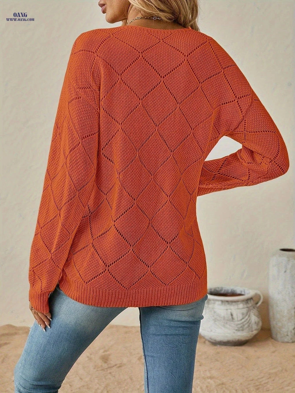 OAXG Women's V-Neck Cable Sweater - Cozy Loose Fit, Long Sleeve   OAXG Black / S