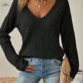OAXG Women's V-Neck Cable Sweater - Cozy Loose Fit, Long Sleeve   OAXG Black / S