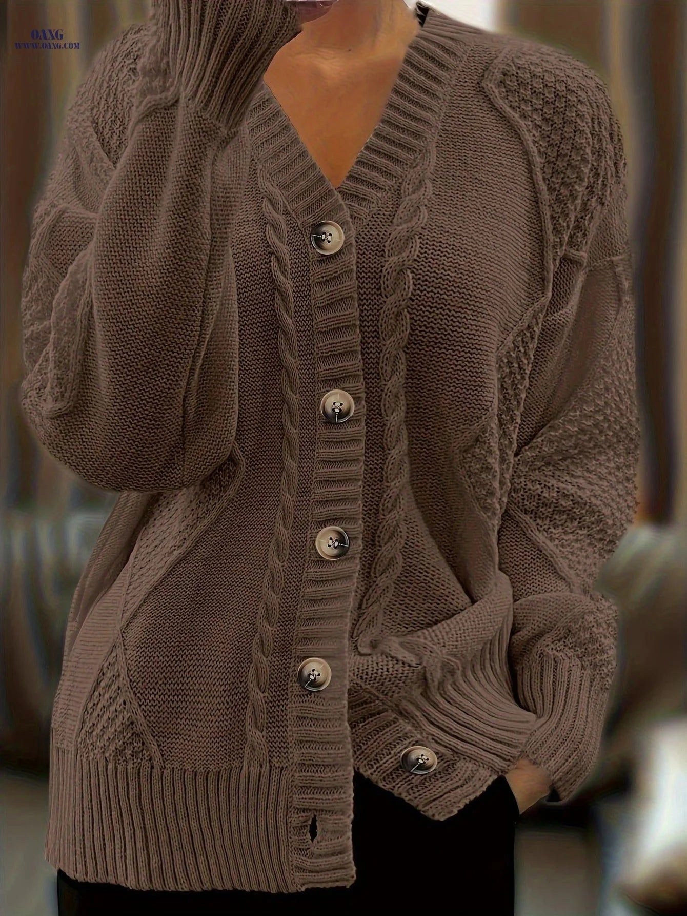 OAXG Women's V-neck Cardigan - Casual Fall/Winter Style, Polyester   OAXG Pink / S
