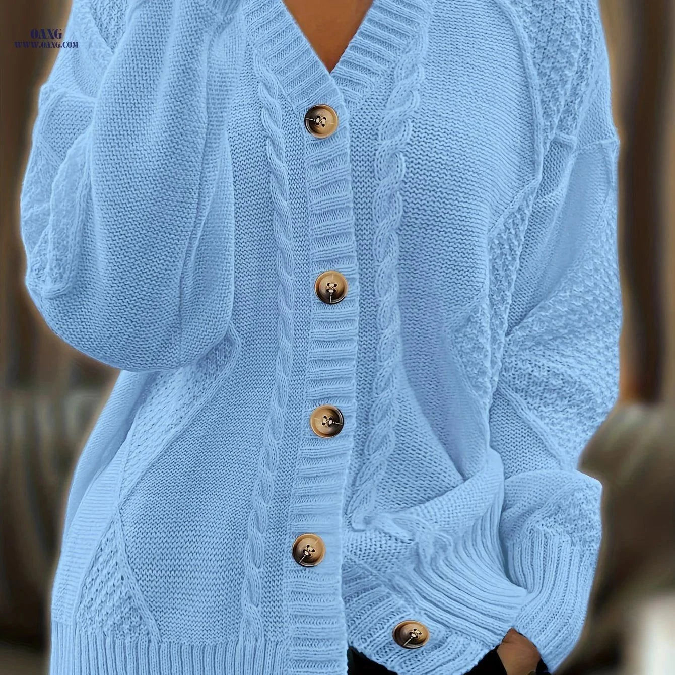 OAXG Women's V-neck Cardigan - Casual Fall/Winter Style, Polyester   OAXG Pink / S