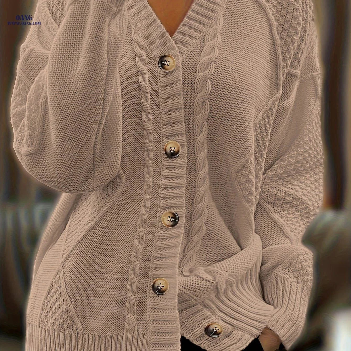 OAXG Women's V-neck Cardigan - Casual Fall/Winter Style, Polyester   OAXG Pink / S