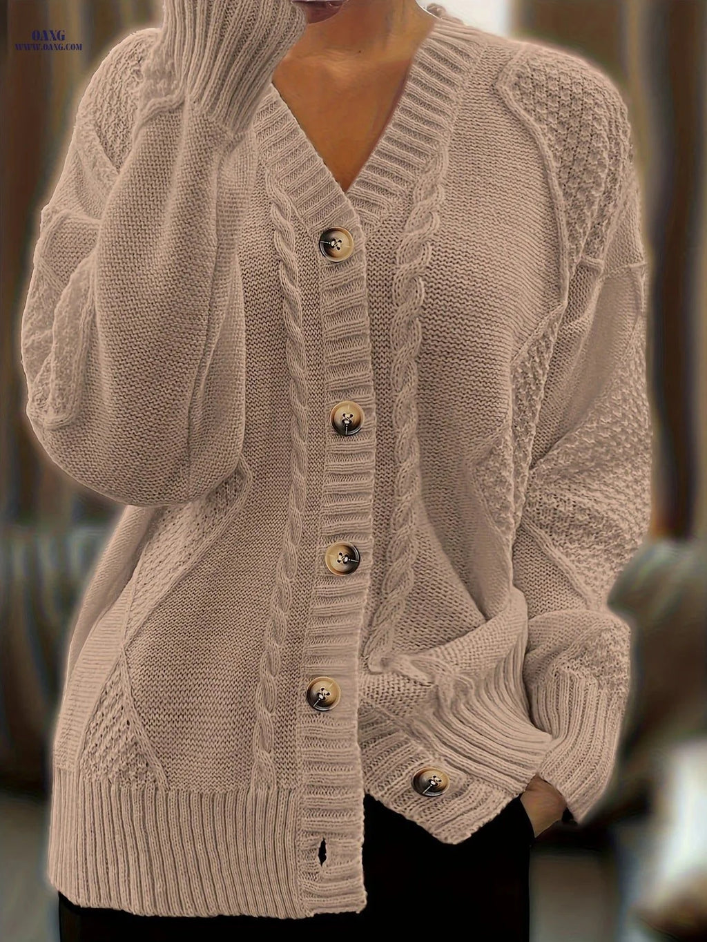 OAXG Women's V-neck Cardigan - Casual Fall/Winter Style, Polyester   OAXG Pink / S