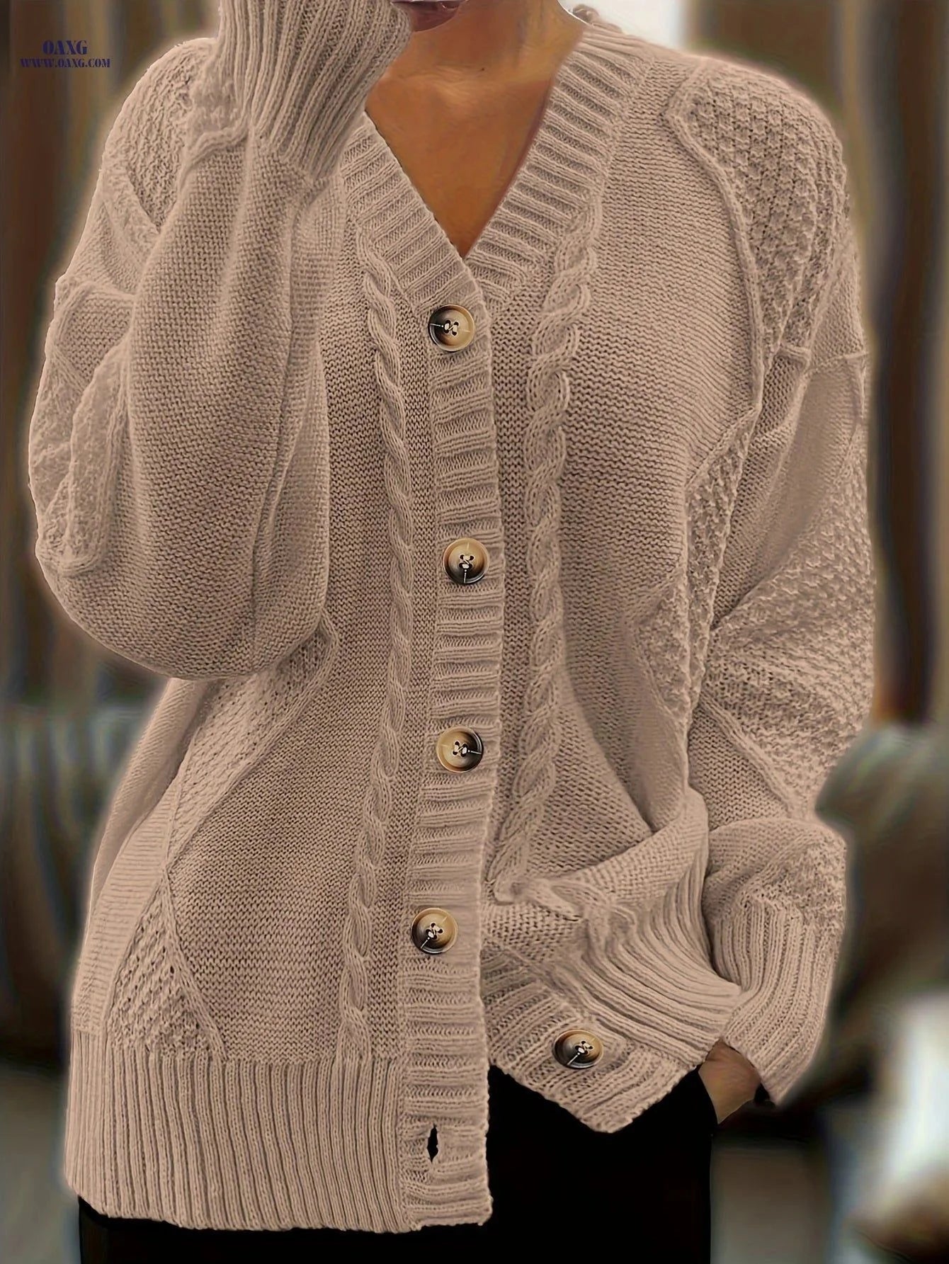 OAXG Women's V-neck Cardigan - Casual Fall/Winter Style, Polyester   OAXG Pink / S