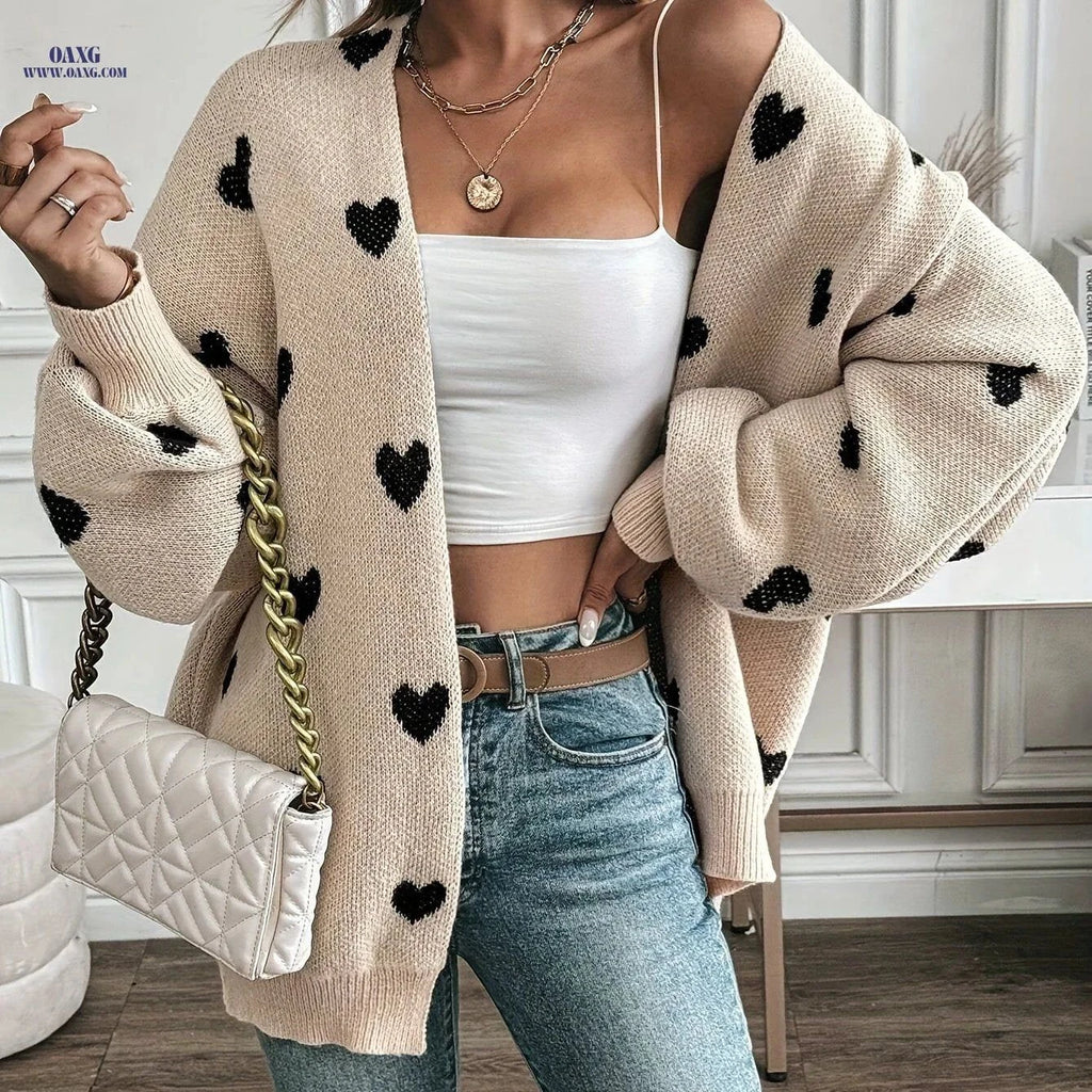 OAXG Women's V-Neck Cardigan - Elegant Heart Print Design   OAXG Apricot / S