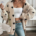 OAXG Women's V-Neck Cardigan - Elegant Heart Print Design   OAXG Apricot / S