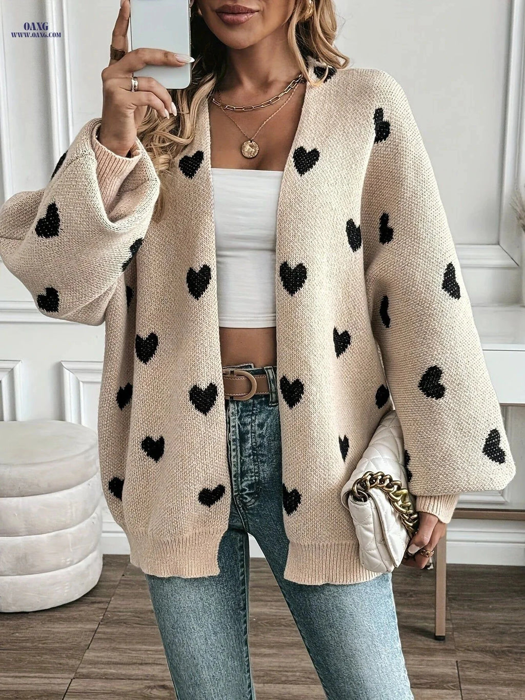 OAXG Women's V-Neck Cardigan - Elegant Heart Print Design   OAXG Apricot / S