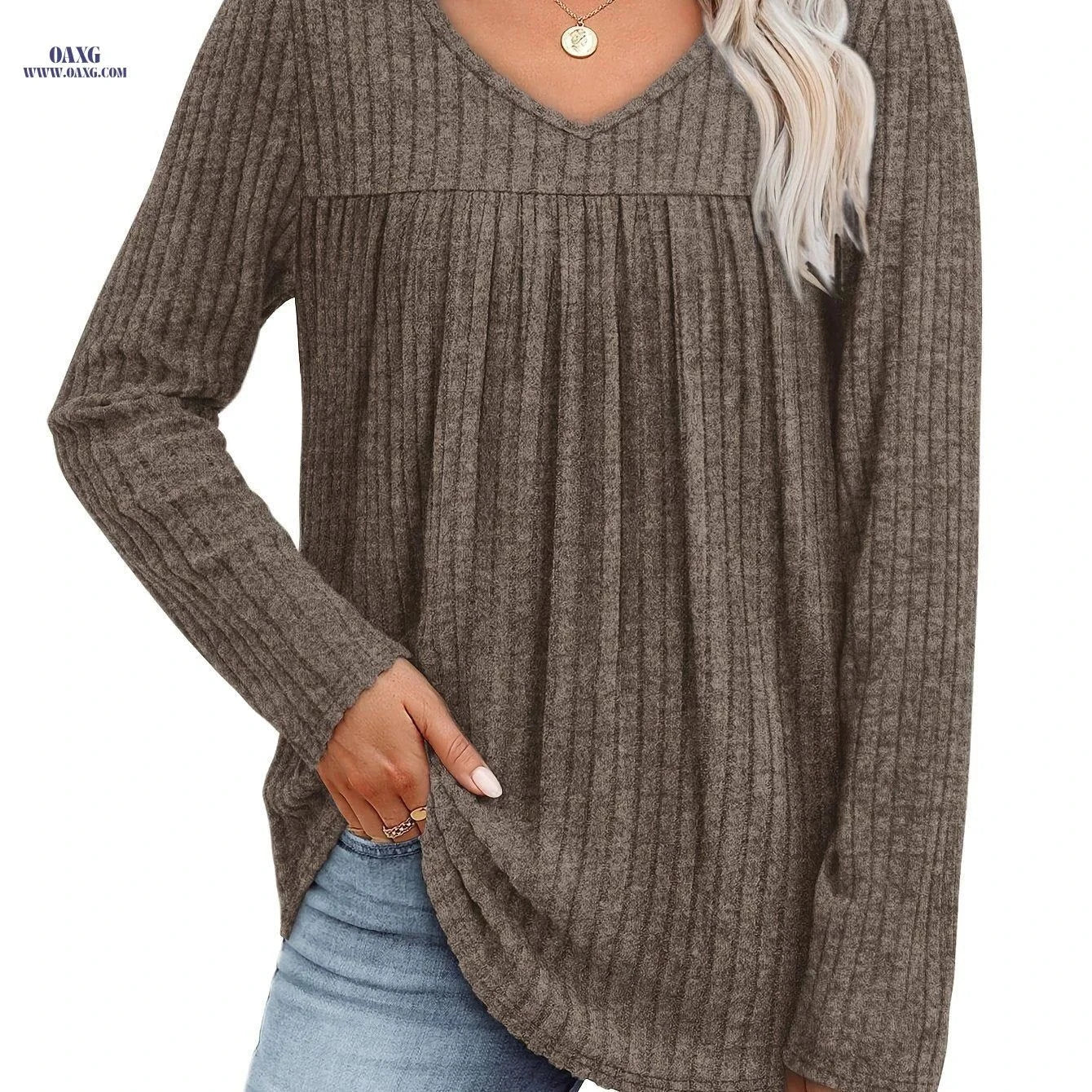 OAXG Women's V-Neck Lightweight Pullover Top - Casual Fashion Sweater   OAXG Green / S
