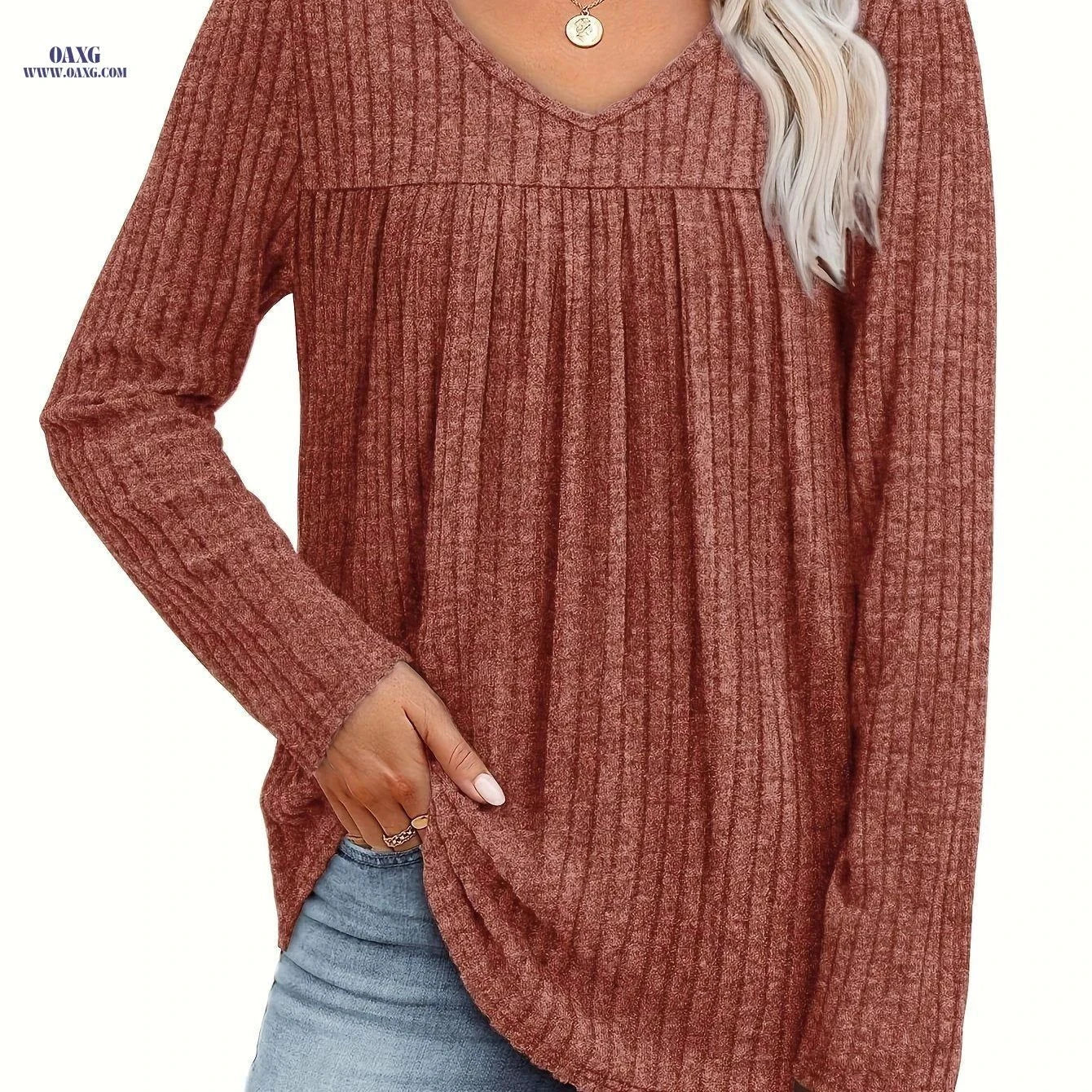OAXG Women's V-Neck Lightweight Pullover Top - Casual Fashion Sweater   OAXG Green / S