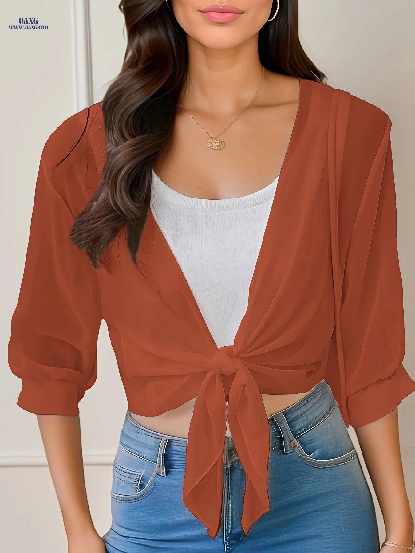 OAXG Women's V-Neck Polyester Cardigan - Lace-Up Half Sleeve Design   OAXG White / S