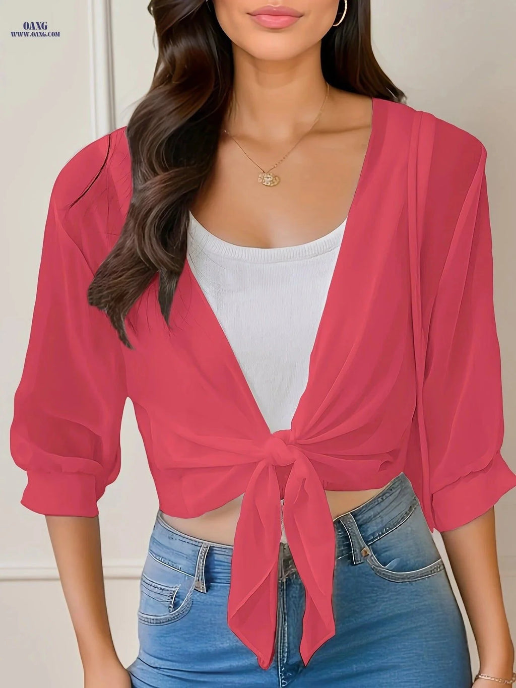 OAXG Women's V-Neck Polyester Cardigan - Lace-Up Half Sleeve Design   OAXG White / S