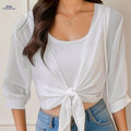 OAXG Women's V-Neck Polyester Cardigan - Lace-Up Half Sleeve Design   OAXG White / S