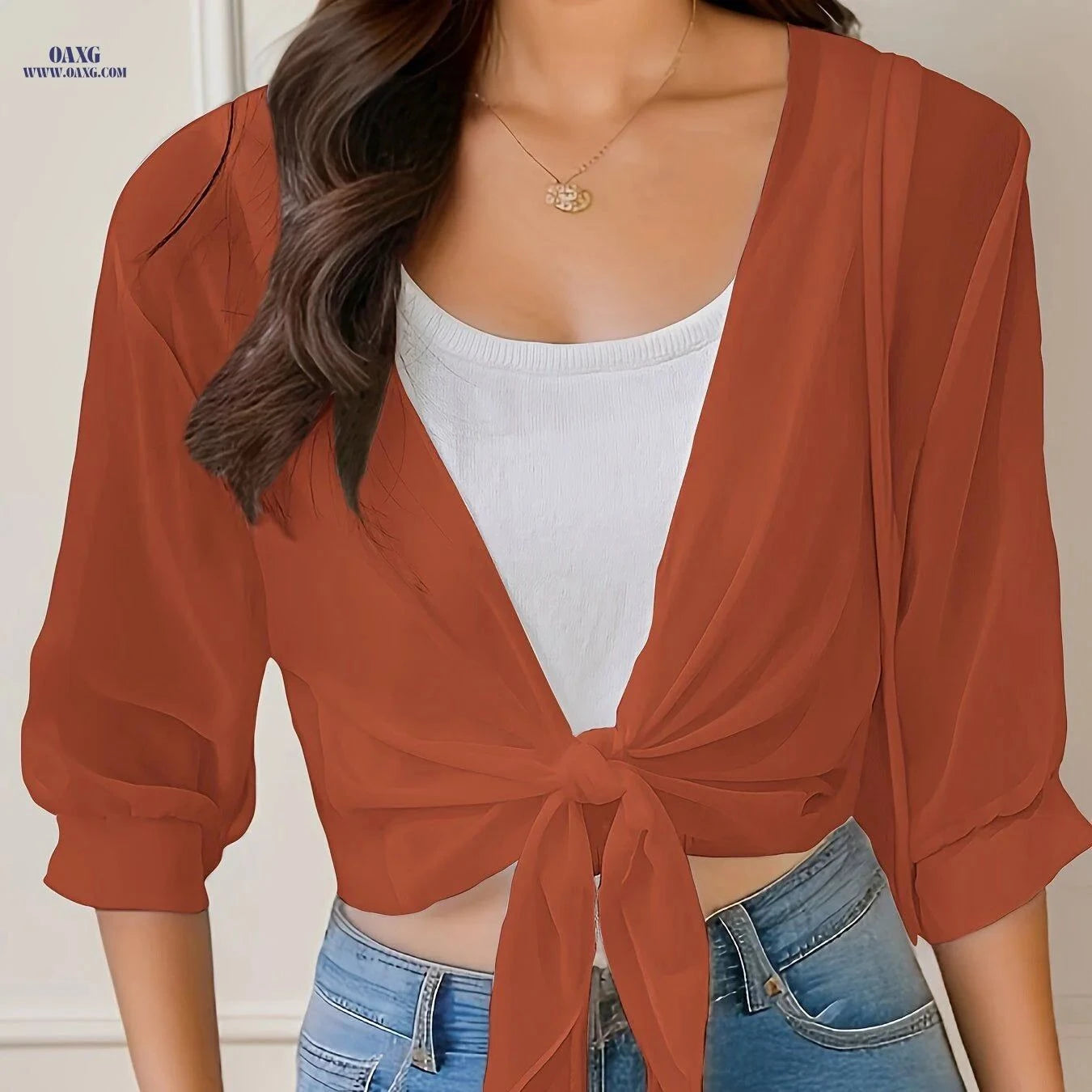 OAXG Women's V-Neck Polyester Cardigan - Lace-Up Half Sleeve Design   OAXG White / S