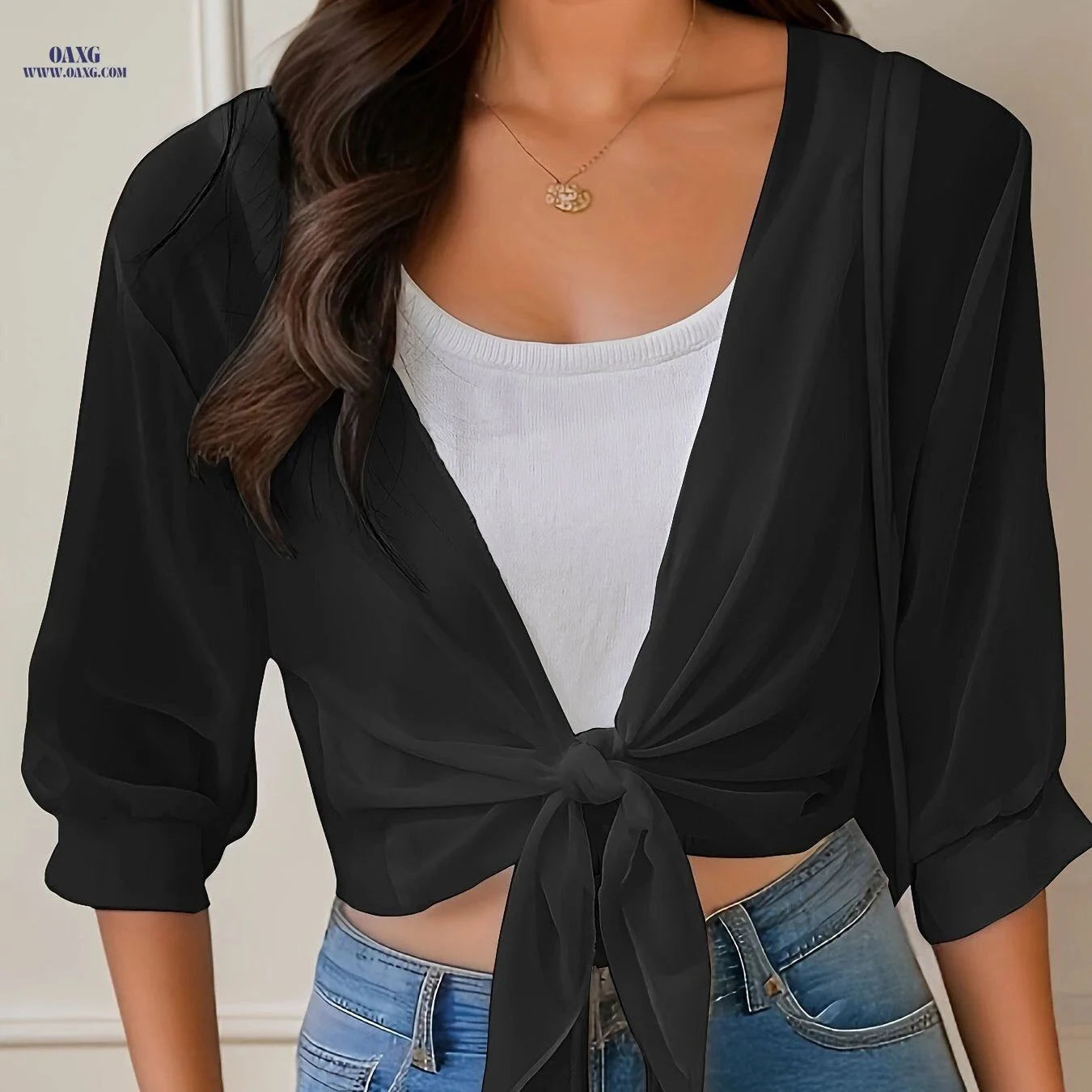 OAXG Women's V-Neck Polyester Cardigan - Lace-Up Half Sleeve Design   OAXG White / S