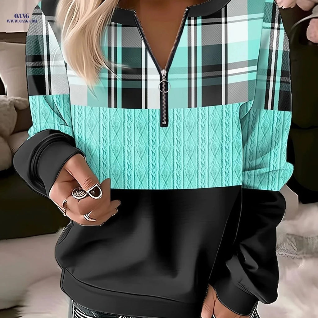 OAXG Women's V-Neck Printed Sweatshirt - Casual Plaid Style   OAXG Mixed colors / S