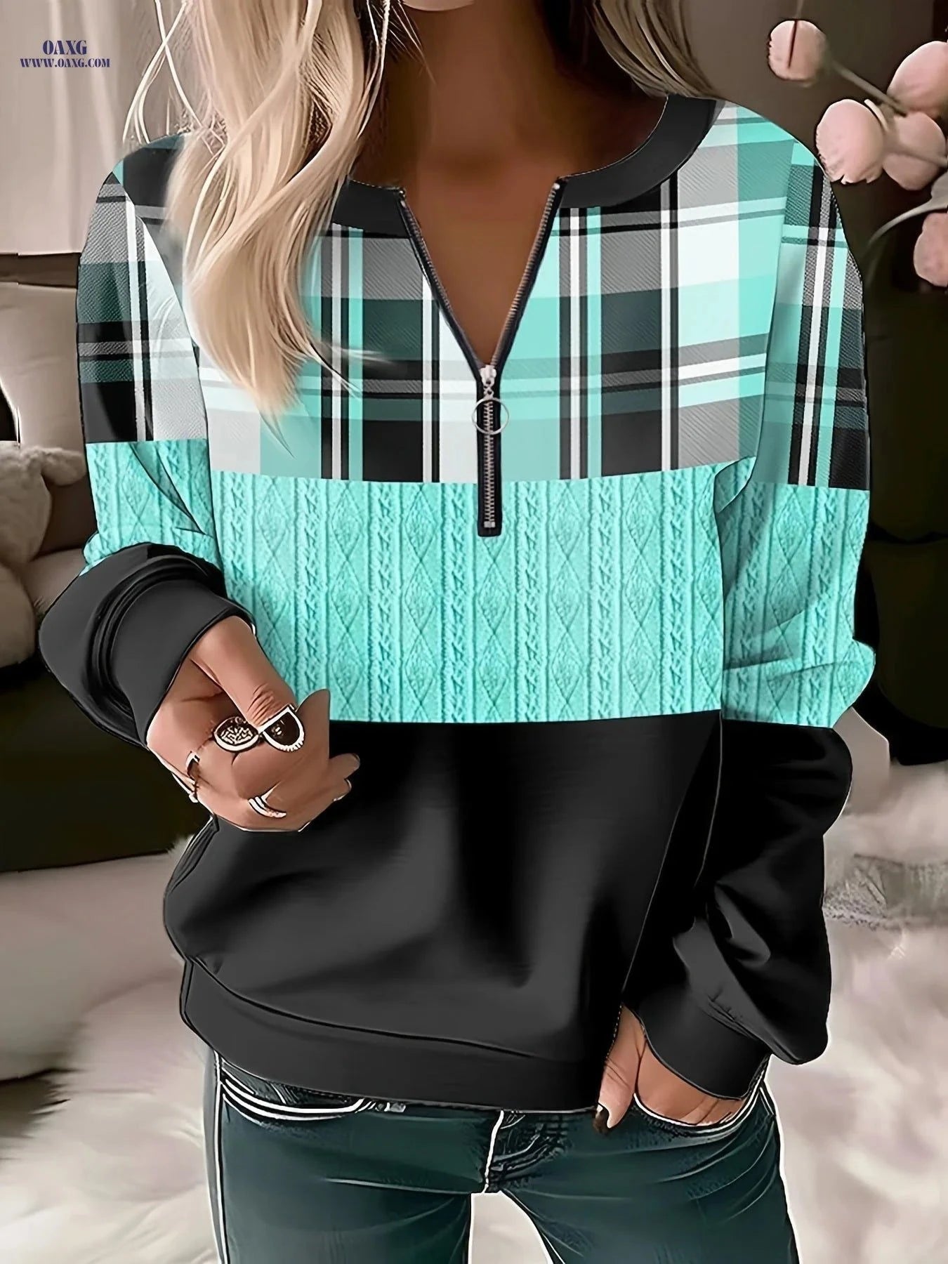 OAXG Women's V-Neck Printed Sweatshirt - Casual Plaid Style   OAXG Mixed colors / S