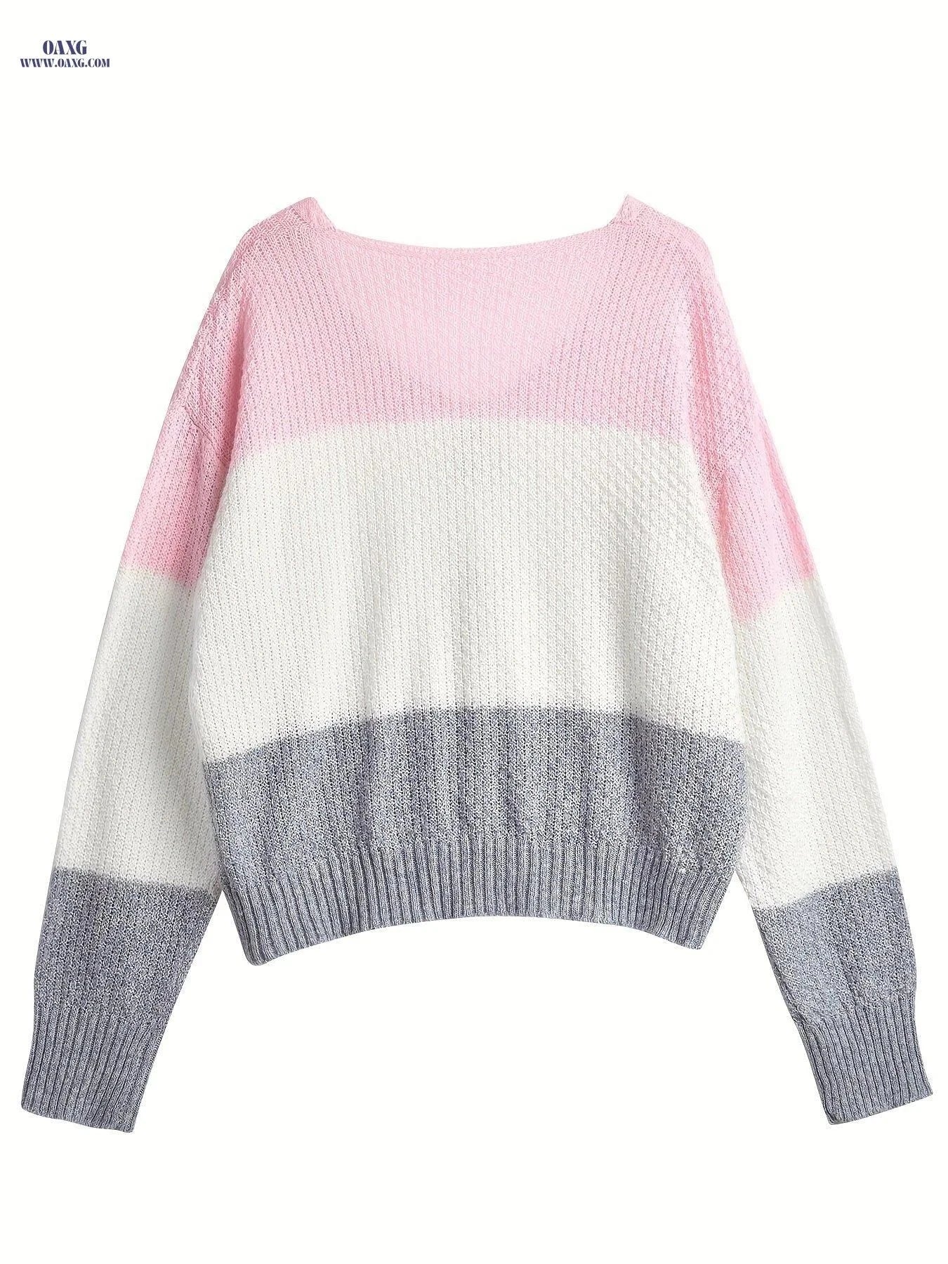 OAXG Women's V-Neck Pullover Sweater - Casual Contrast Stripes   OAXG Multicolor / S