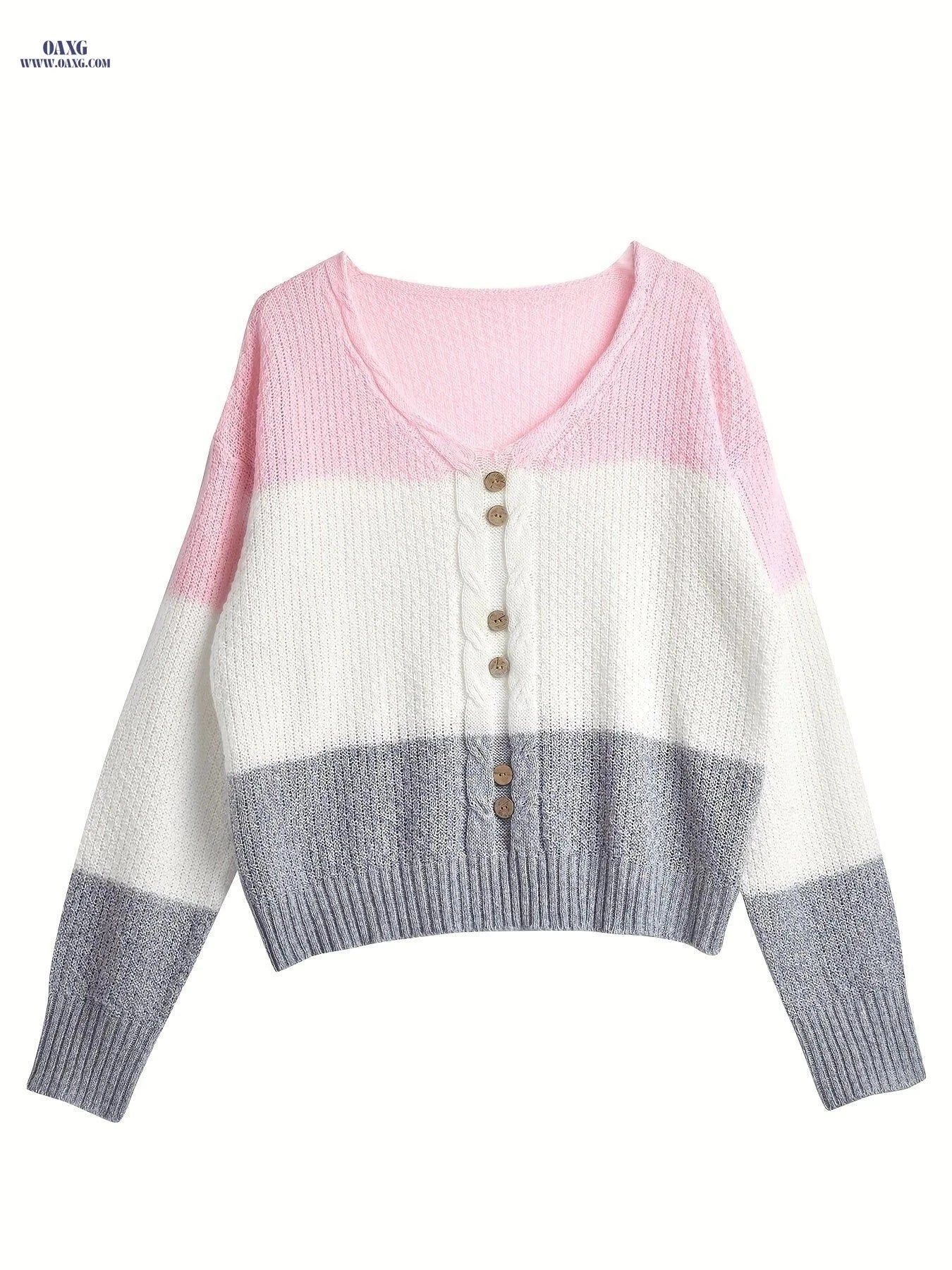OAXG Women's V-Neck Pullover Sweater - Casual Contrast Stripes   OAXG Multicolor / S