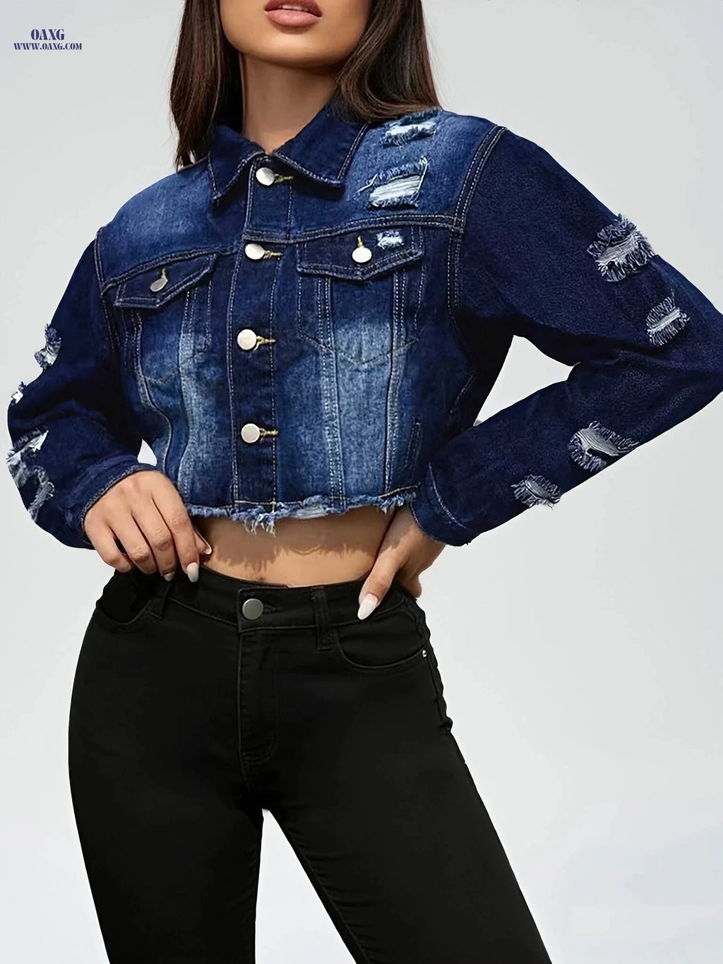 OAXG Women's Vintage Denim Jacket - Distressed and Frayed Design   OAXG 
