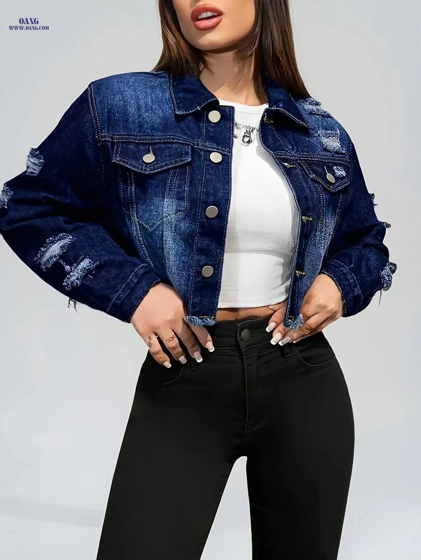 OAXG Women's Vintage Denim Jacket - Distressed and Frayed Design   OAXG 