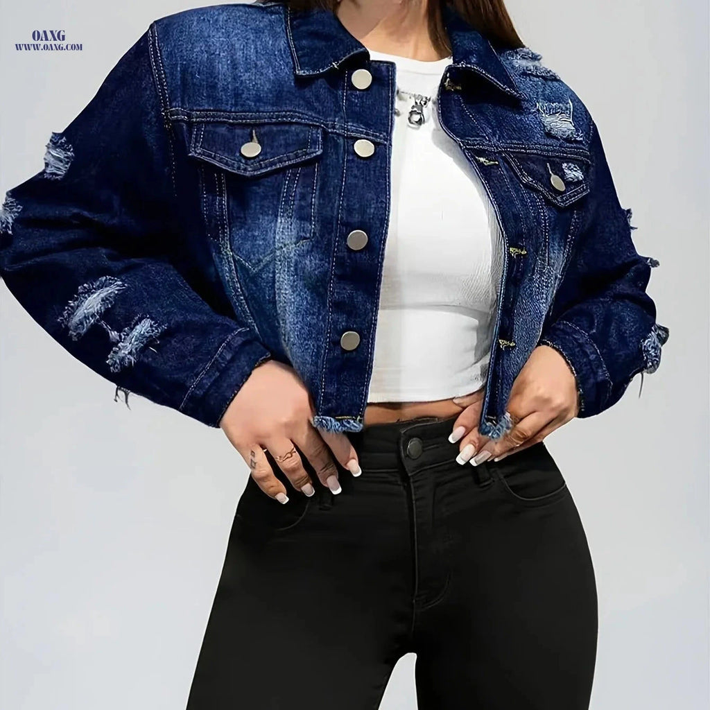 OAXG Women's Vintage Denim Jacket - Distressed and Frayed Design   OAXG 
