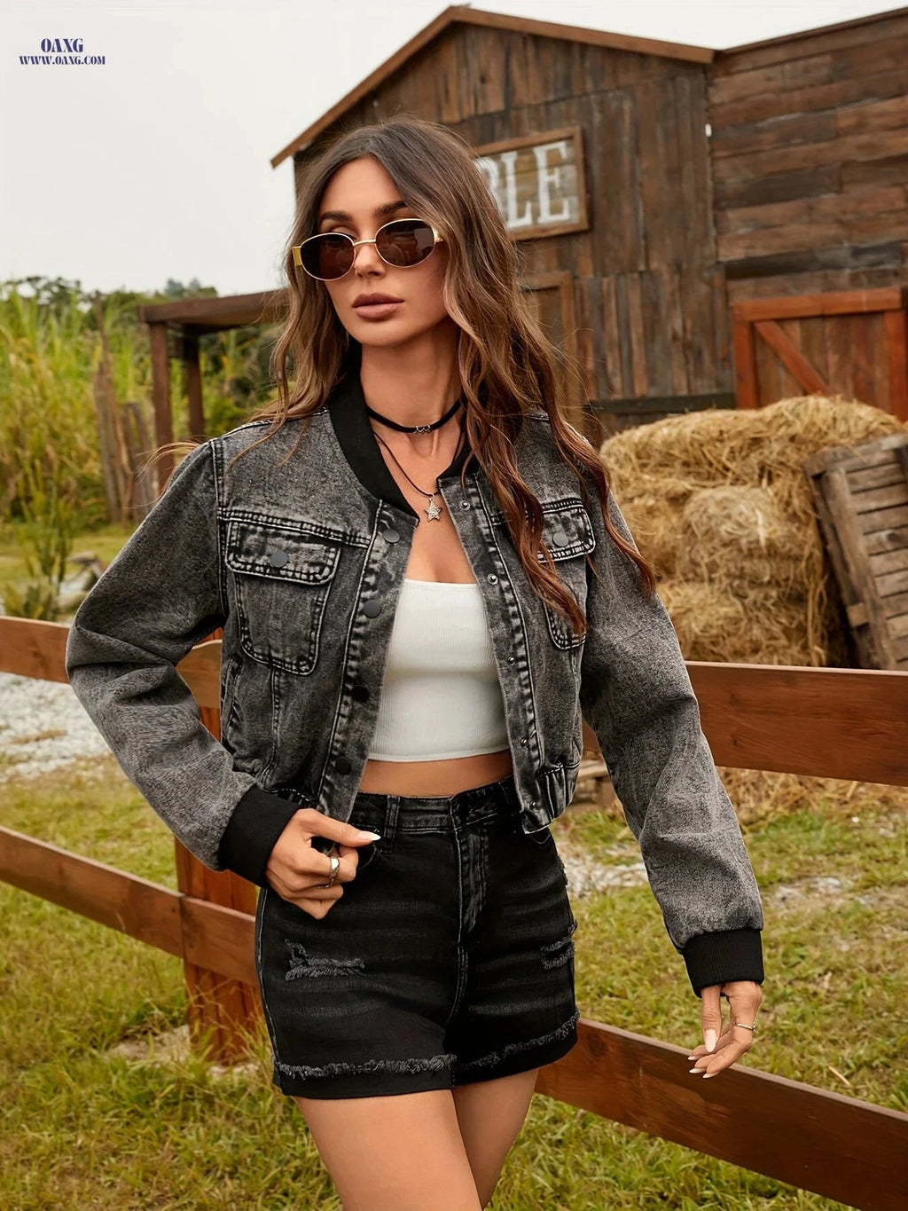 OAXG Women's Vintage Denim Jacket - Flap Pockets & Stand-Up Collar   OAXG 