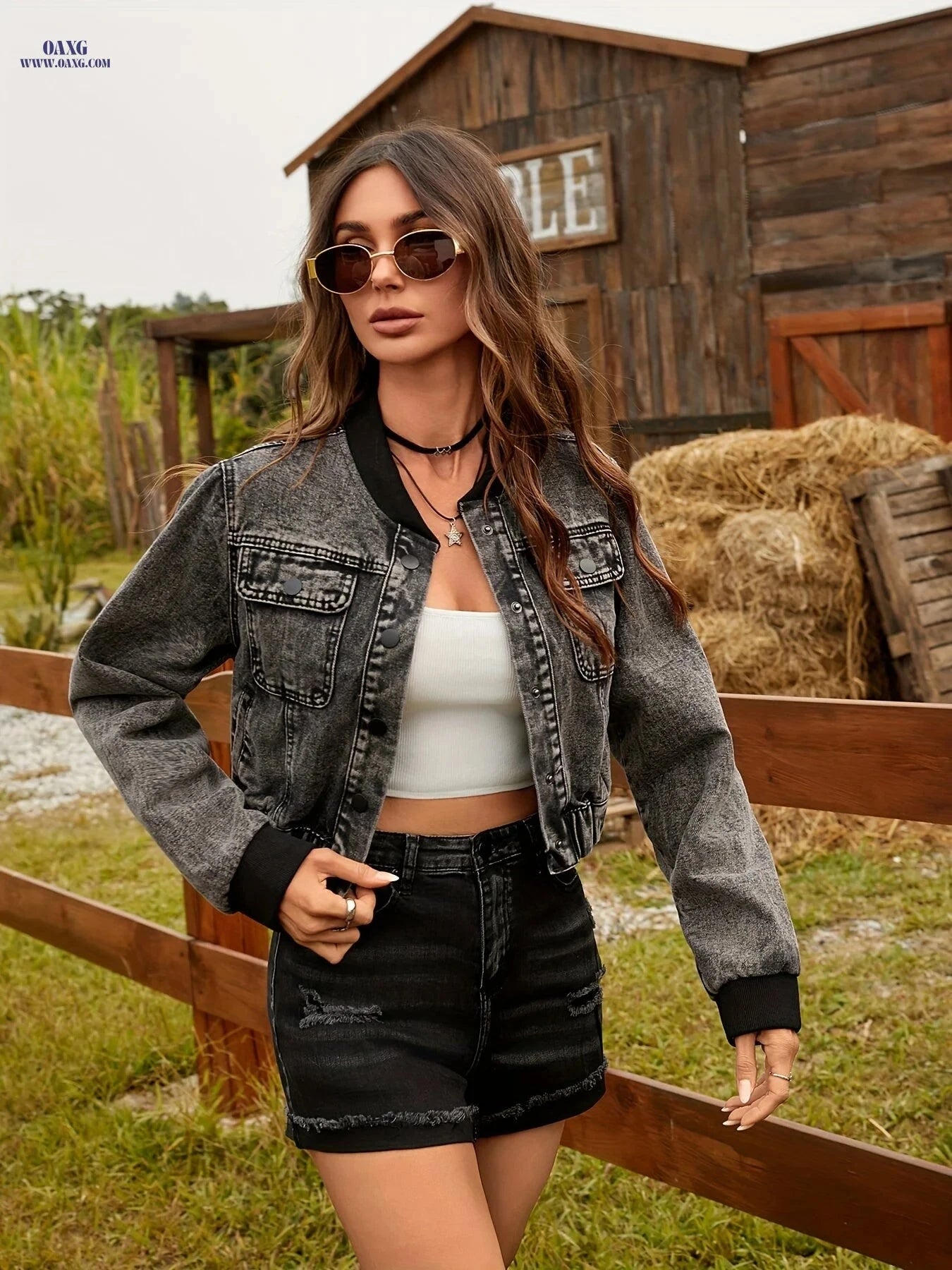 OAXG Women's Vintage Denim Jacket - Flap Pockets & Stand-Up Collar   OAXG 