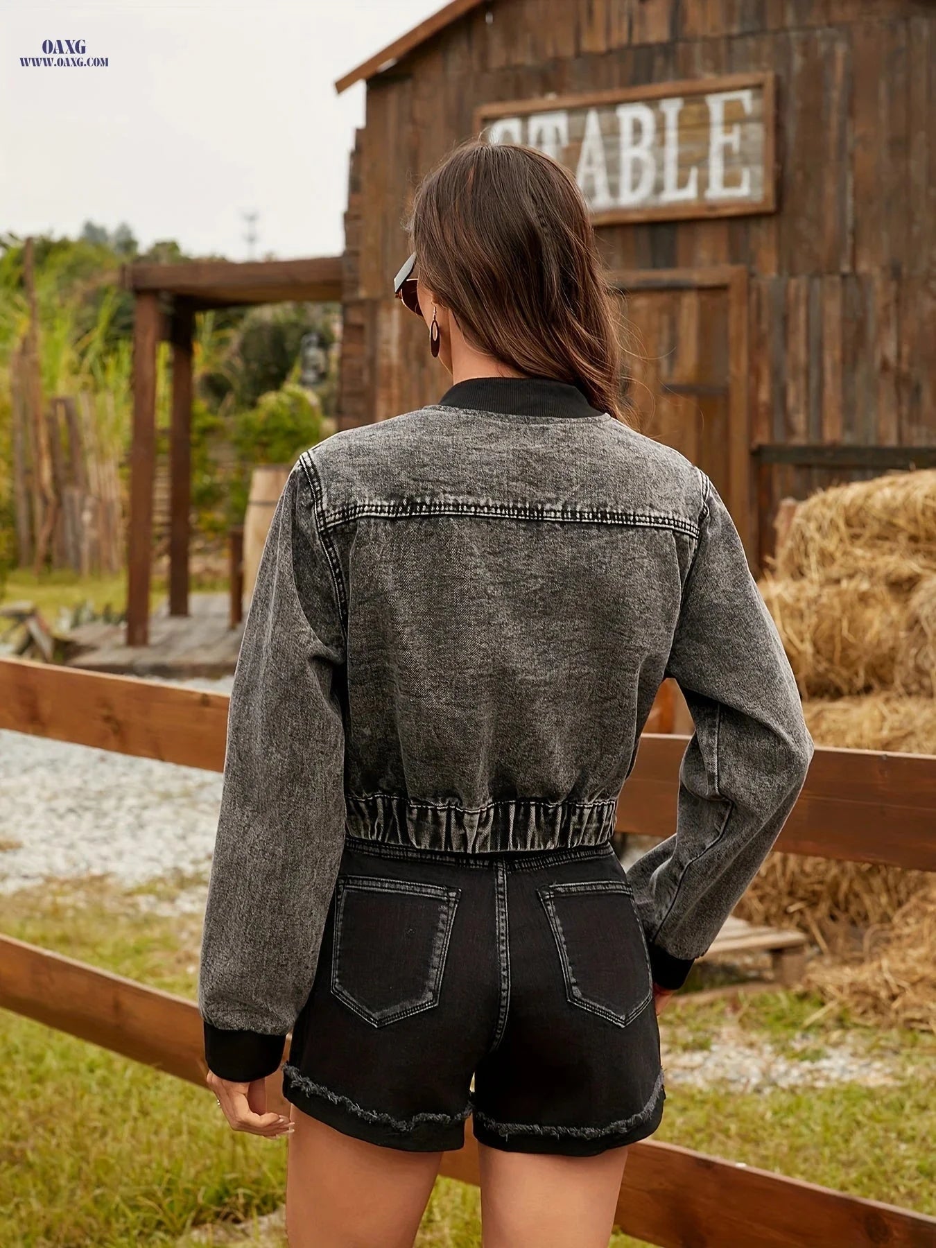 OAXG Women's Vintage Denim Jacket - Flap Pockets & Stand-Up Collar   OAXG 