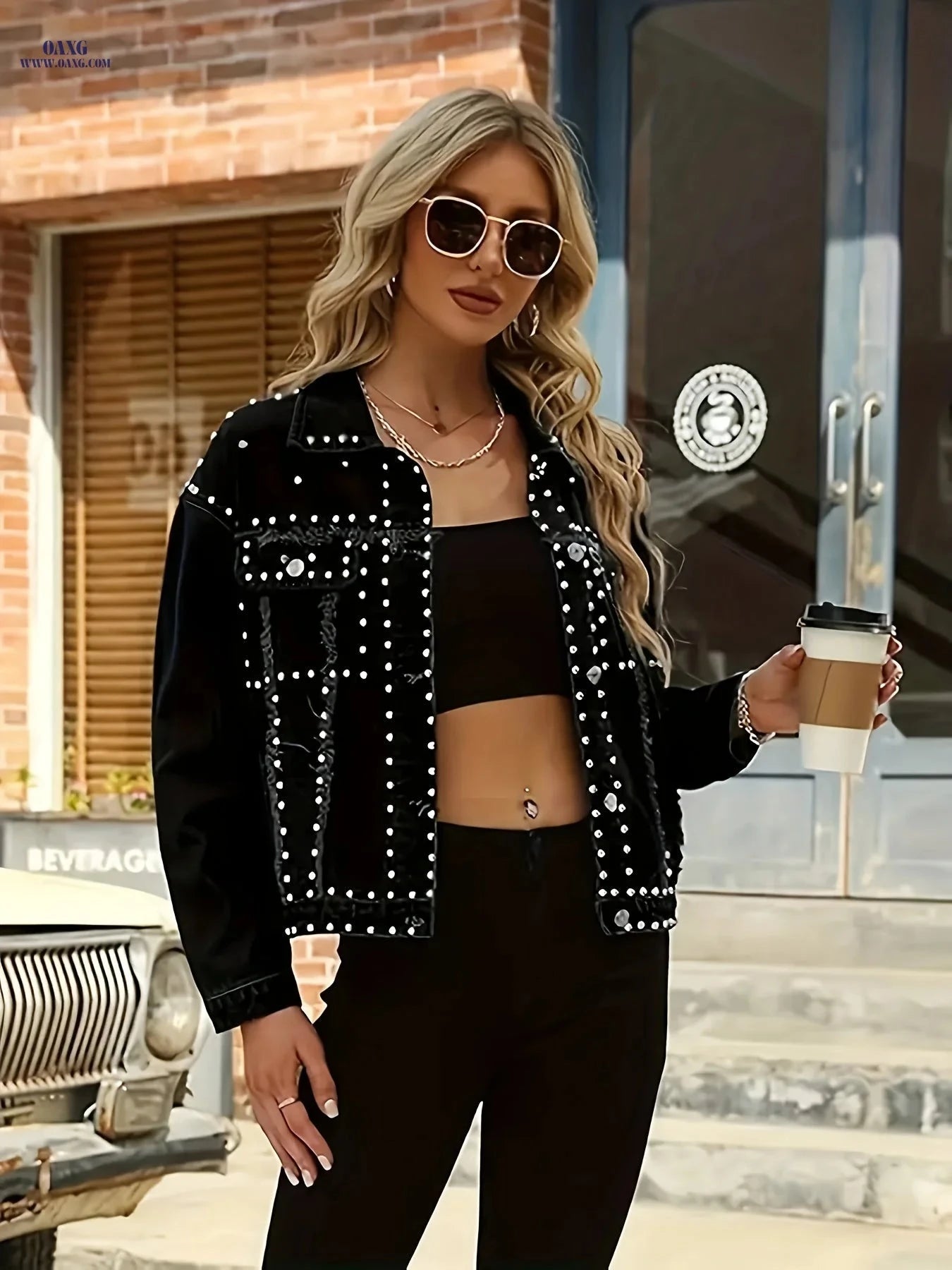 OAXG Women's Vintage Denim Jacket - Rivet Details, Loose Fit Style   OAXG 