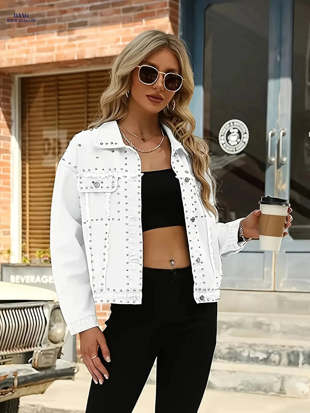 OAXG Women's Vintage Denim Jacket - Rivet Details, Loose Fit Style   OAXG 