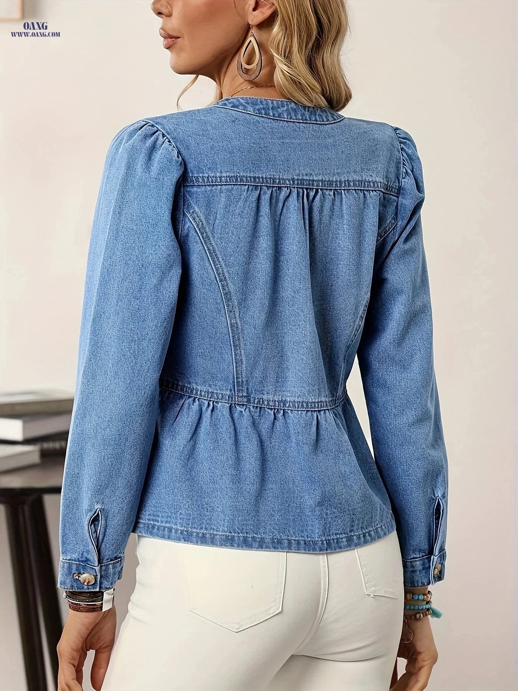 OAXG Women's Vintage Denim Jacket - Ruffle Button Design, Long Sleeve   OAXG 