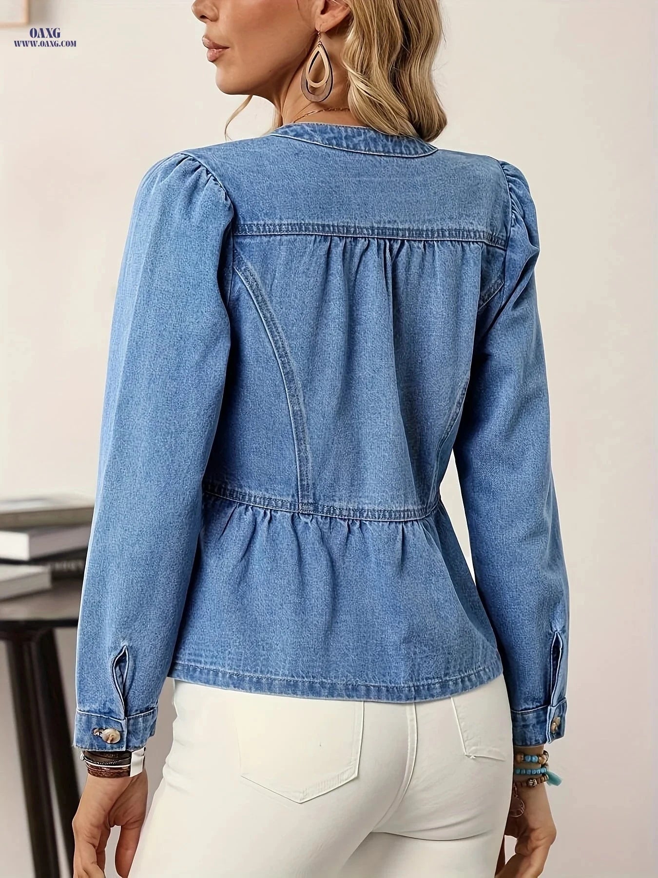 OAXG Women's Vintage Denim Jacket - Ruffle Button Design, Long Sleeve   OAXG 