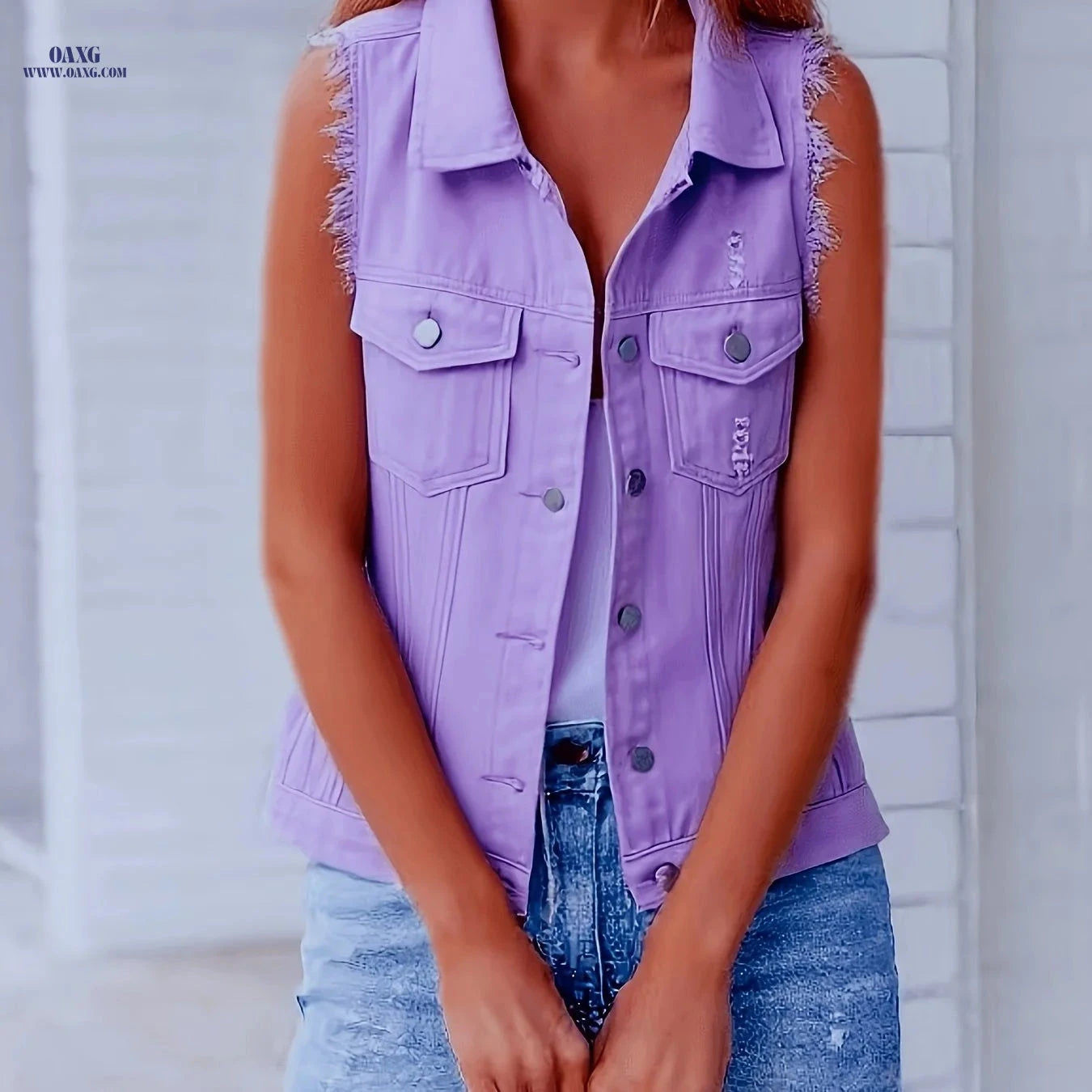 OAXG Women's Vintage Denim Vest - Casual Sleeveless Pocket Top   OAXG 