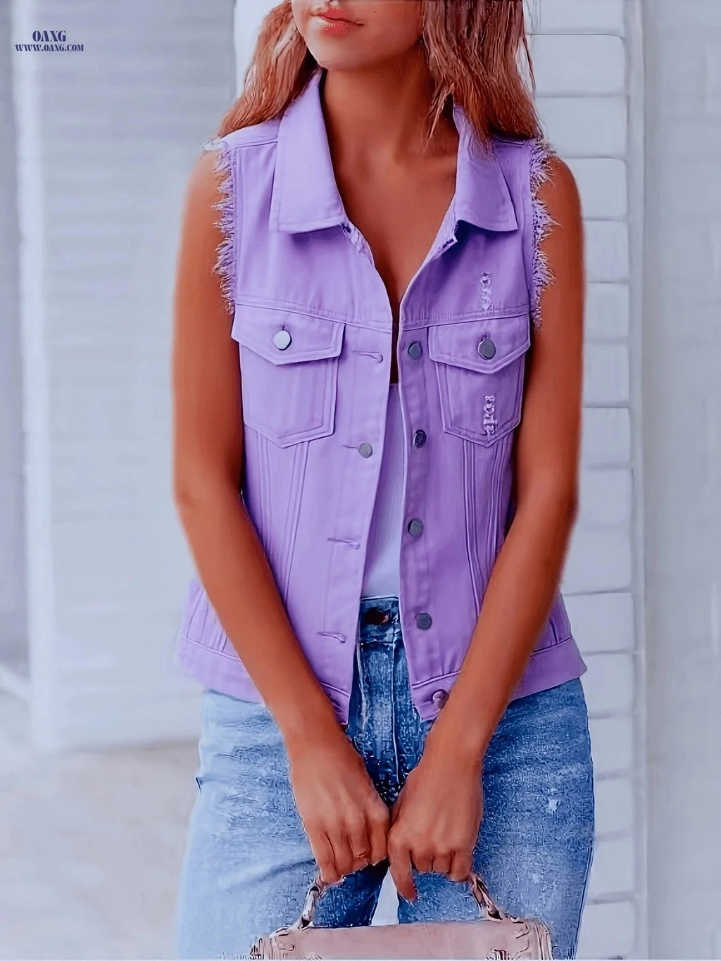 OAXG Women's Vintage Denim Vest - Casual Sleeveless Pocket Top   OAXG 