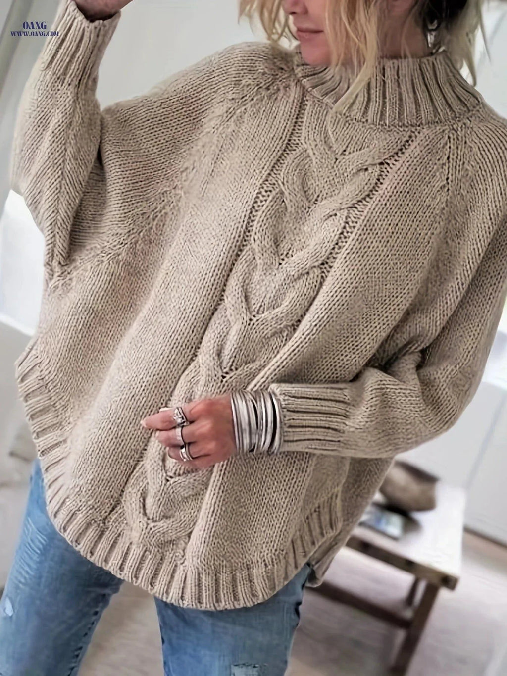 OAXG Women's Vintage High-Neck Sweater - Cozy Loose Fit Pullover   OAXG Dark Gray / S